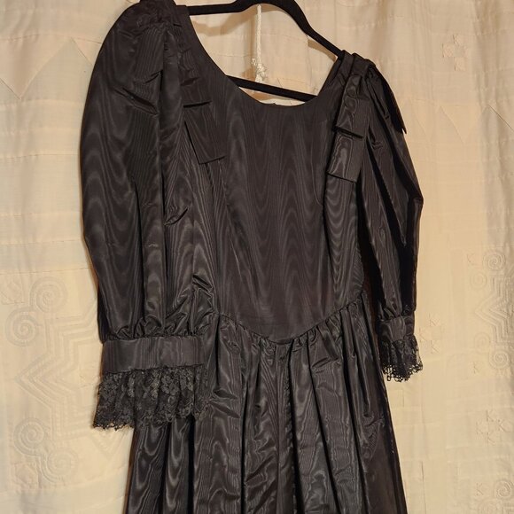 🖤 Vtg 80s Black Moire Taffeta Puff Sleeve Goth Prom Dress XS 🖤 - Picture 3 of 7
